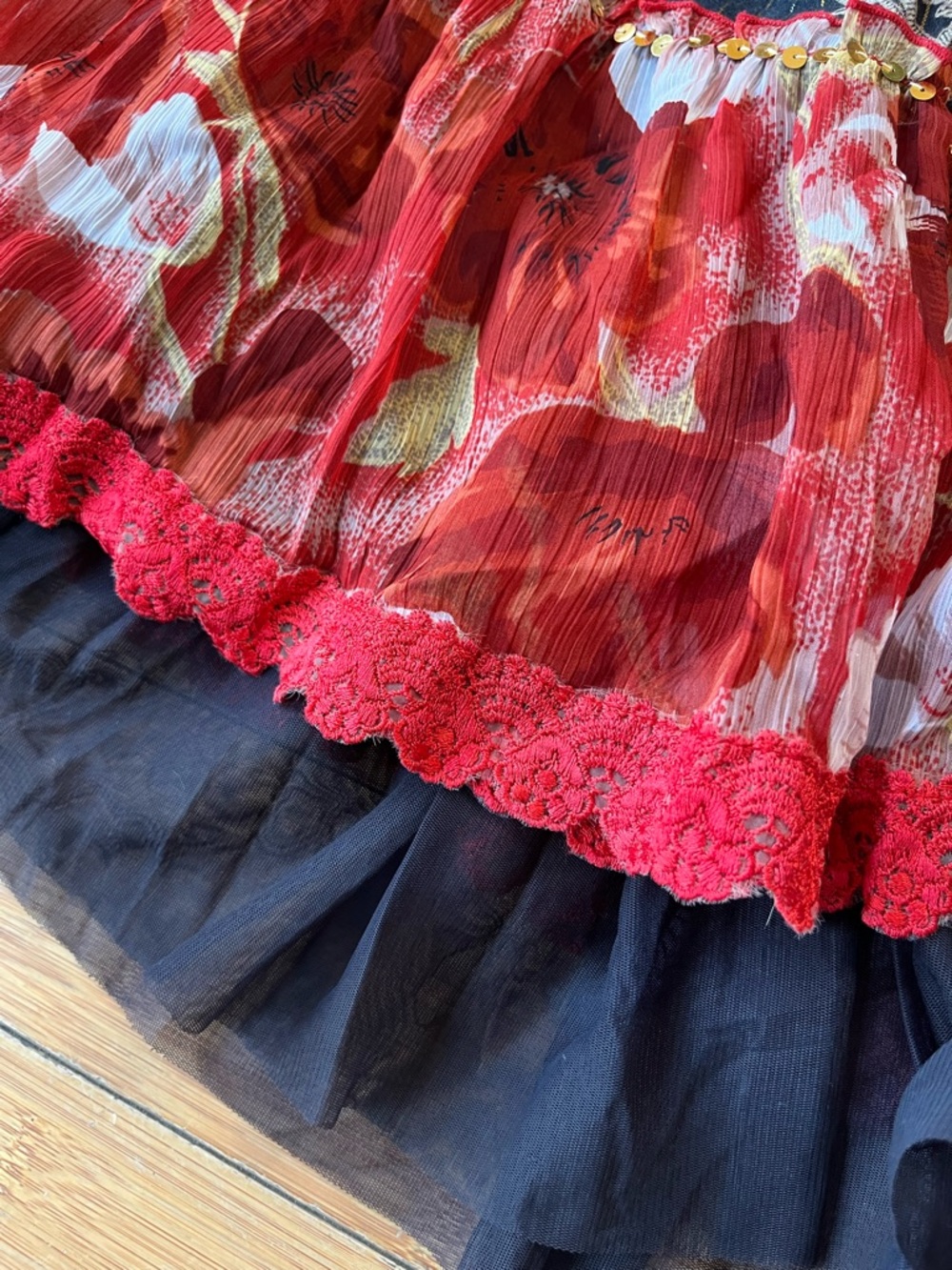 XOXO Y2K Tiered Mixed Media Floral Patchwork Low Rise Artsy Skirt with Sequins - Picture 9 of 12